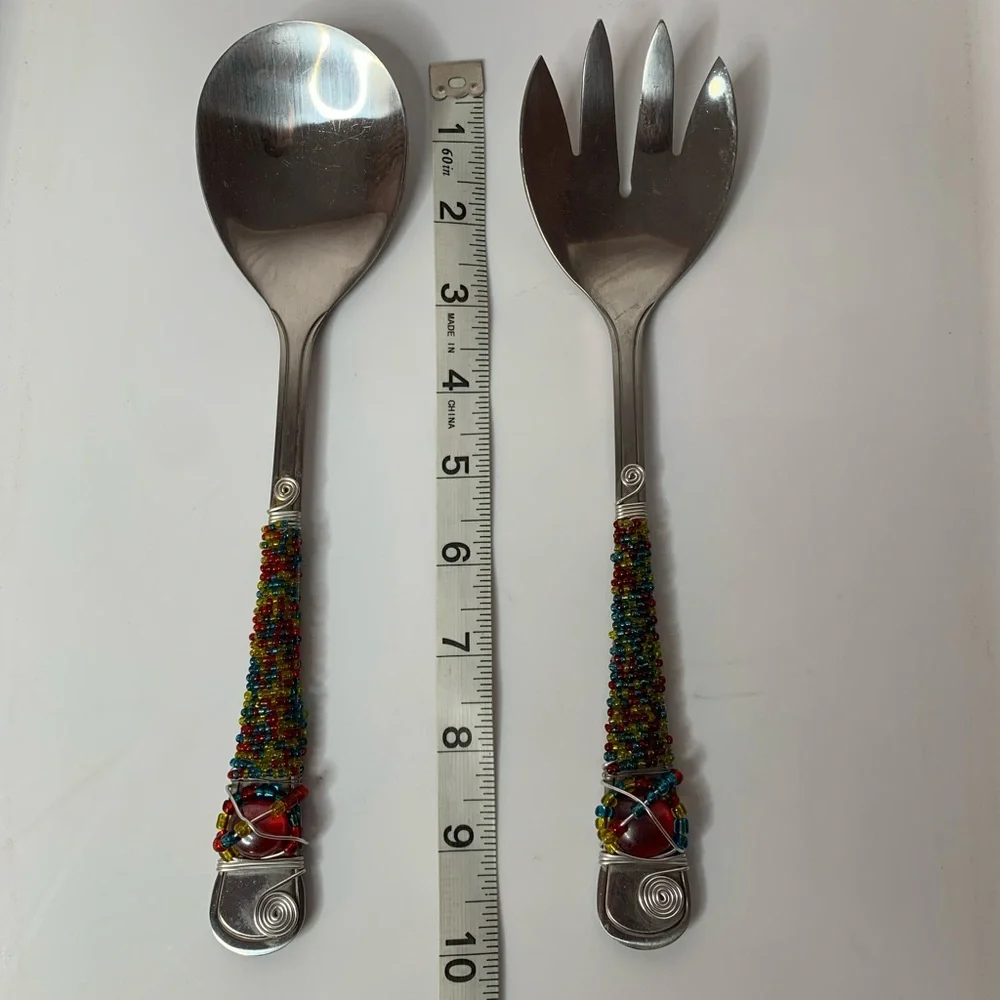 beaded serving fork and spoon, multicolored beads wire accents
